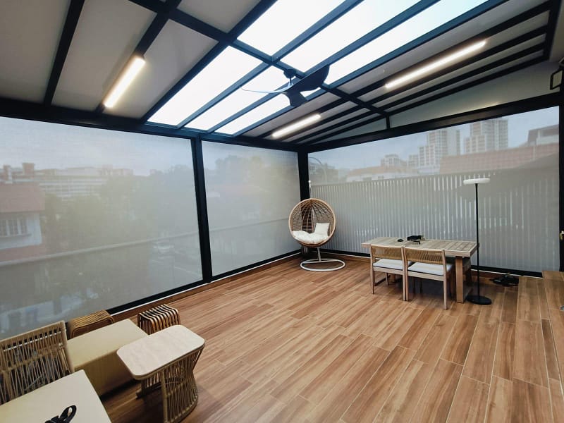 Motorised zip blinds installed on a landed home terrace